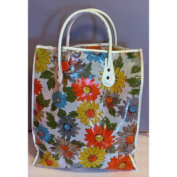 Vintage MOD 60s Clear Flower Tote Beach Bag GROOVY Retro - Picture 1 of 6